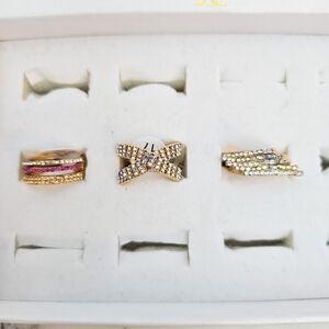 3pc Ring Set Gold Rhinestone Criss Cross Cocktail Jewelry